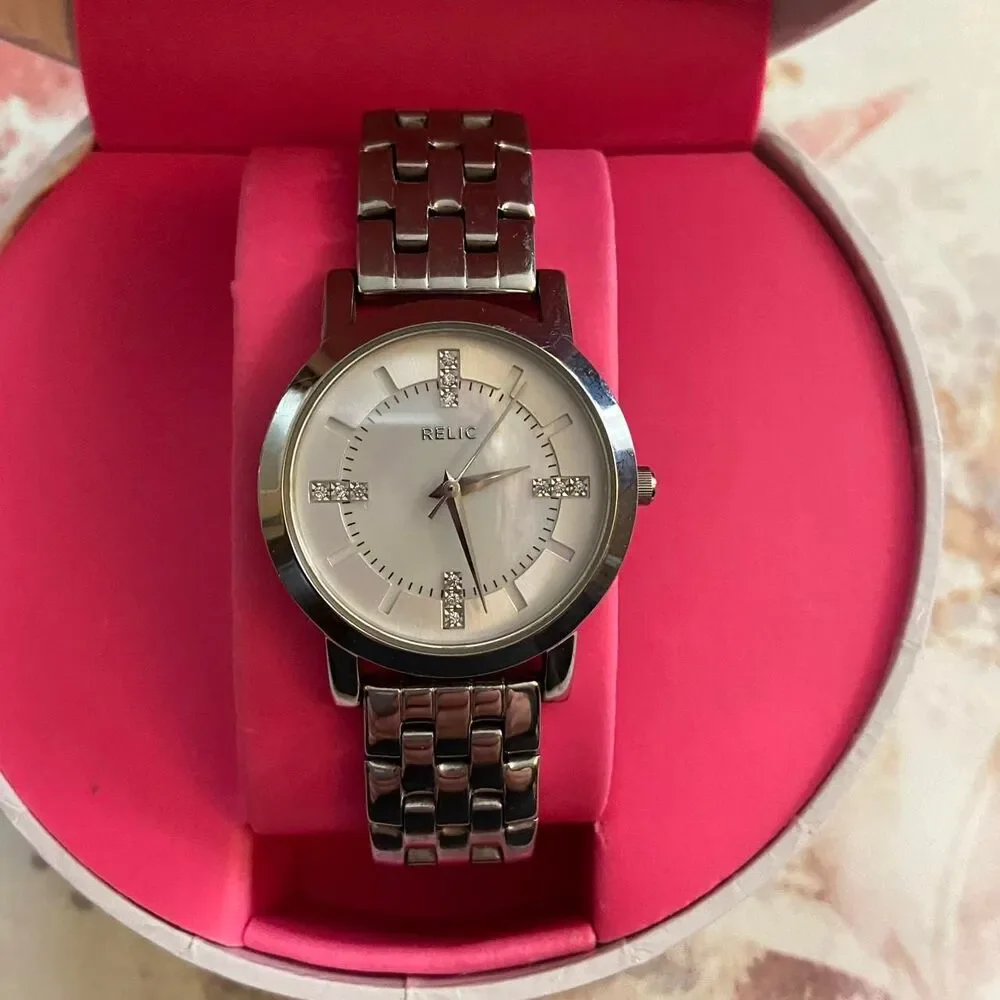 Relic Womens Silver Tone Watch Mother Of Pearl Crystal Accent, Needs Battery
